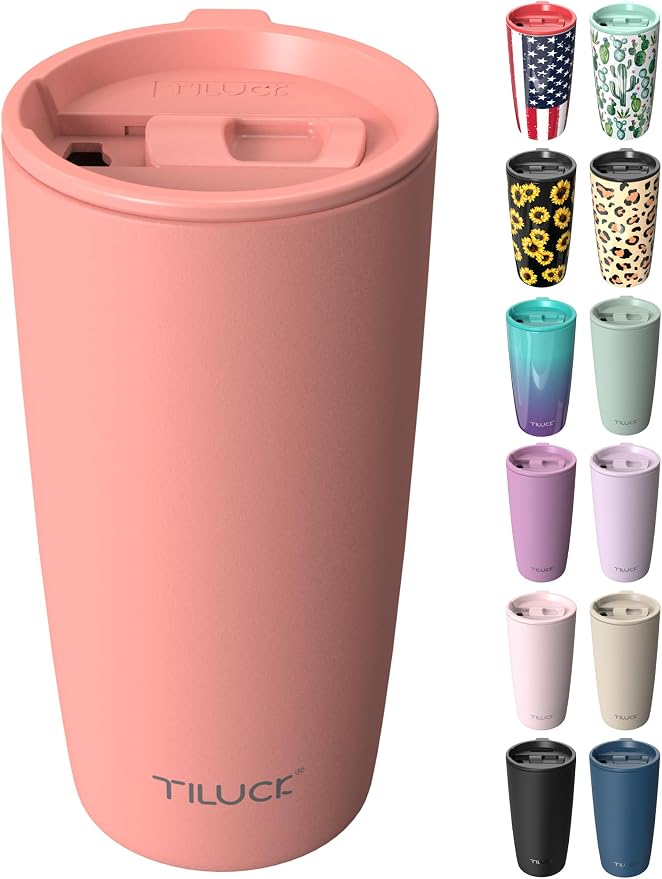 TILUCK 20 oz Insulated Coffee Tumbler with BPA-Free Lid | Travel Coffee Mug, Dishwasher Safe, Cup Holder Friendly, Double-Wall Vacuum Insulation for Hot & Cold Drinks, MatteCoralRed