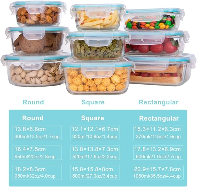 AILTEC 9 Pack Glass Food Storage Containers with Lids, 3 Shape Airtight Set | Ideal for Meal Prep, Lunch, Leak Proof, Borosilicate Glass Reusable, Microwave, Oven, Freezer Dishwasher Safe, BPA Free