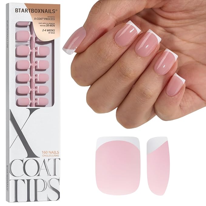 BTArtboxnails XCOATTIPS White French Tip Press On Nails, XS Square, Pink | Lamp-Curable, 4-Week Wear, Natural Nail Look, Salon Quality Value at Home, Easy-to-Apply for Beginners, 160ct Nail Tips Only
