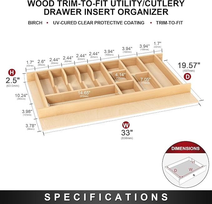 Clikuutory Natural Birch Wood Utensil Drawer Insert Organizer with 15 Compartments, Space-Saving Sturdy Drop-In Cutlery Divider Tray, Kitchen Cabinet Storage for Silverware, Spoons, Forks and Knives