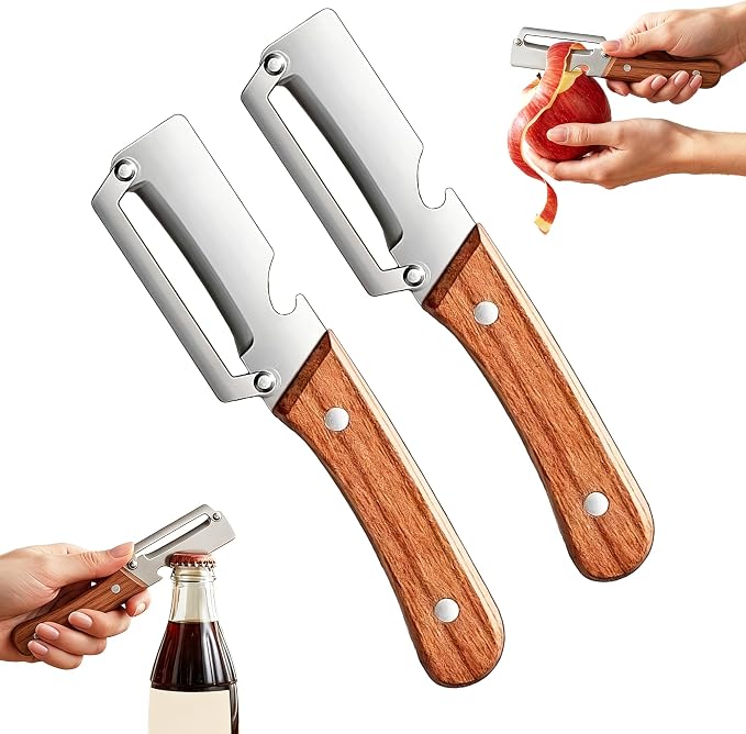 Multifunctional Vegetable Peeler Stainless Steel Blade Wooden Handle Bottle Opener Smooth Thickened 2Pcs Potato Peeler Veggie Peeler – Anti-Slip Aesthetic Wood Handle