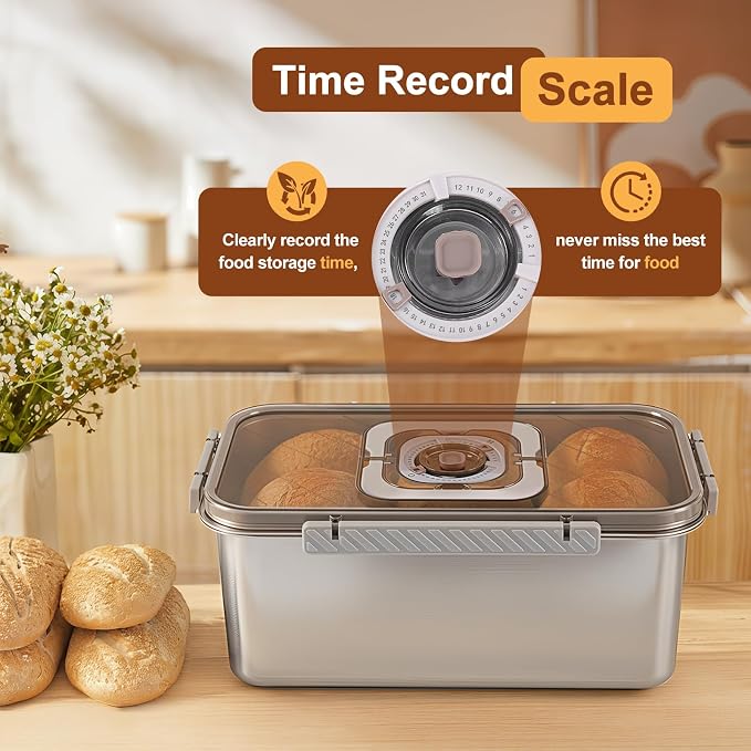 Gifhomfix 2 PCS Bread Box Airtight 304 Stainless Steel Bread Container, Dishwasher Safe Bread Storage for Homemade Bread, Time Recording Bread Storage Container with Lid and Handle