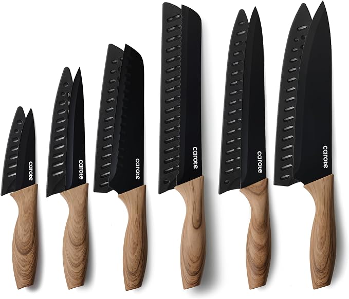 CAROTE 12-Piece Knife Set, Knives with Wood-Grain Finish Handles, Black | 6 Blade Guards, Stainless Steel Blade, Ceramic Nonstick Coating, Long-Lasting Sharpness, Rust-Resistant, Kitchen, Camping, RV