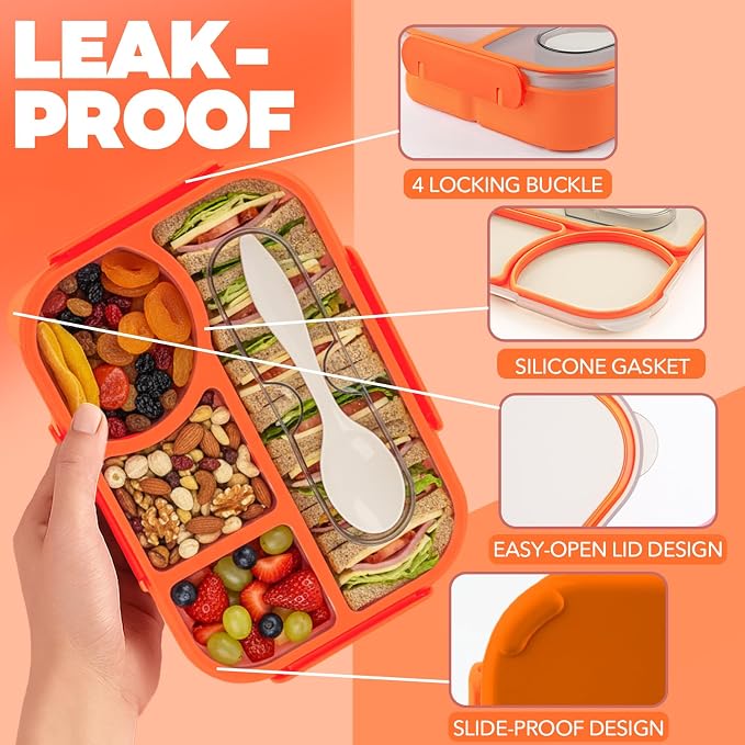 Bento Box for Adults, 4 Compartments Lunch Box, Lunch Containers, Orange