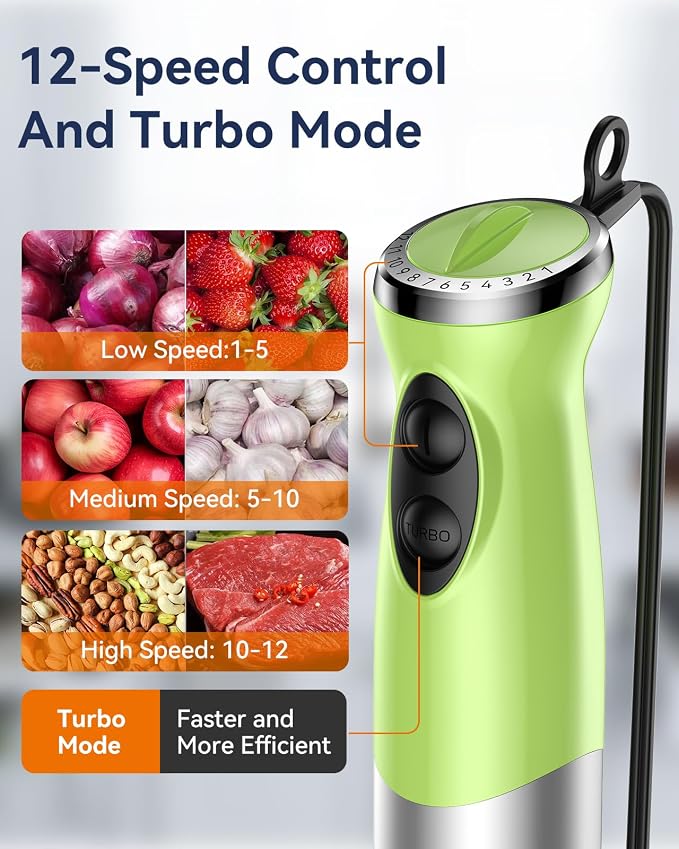 Immersion Blender Handheld 1000W 5 in 1 Corded Stick Hand Blender Kitchen with 12 Speed, BPA-Free, Mixing Beaker, Chopper, Whisk, Milk Frother, Perfect Emulsifier for Soup, Baby Food, Sauce, Puree