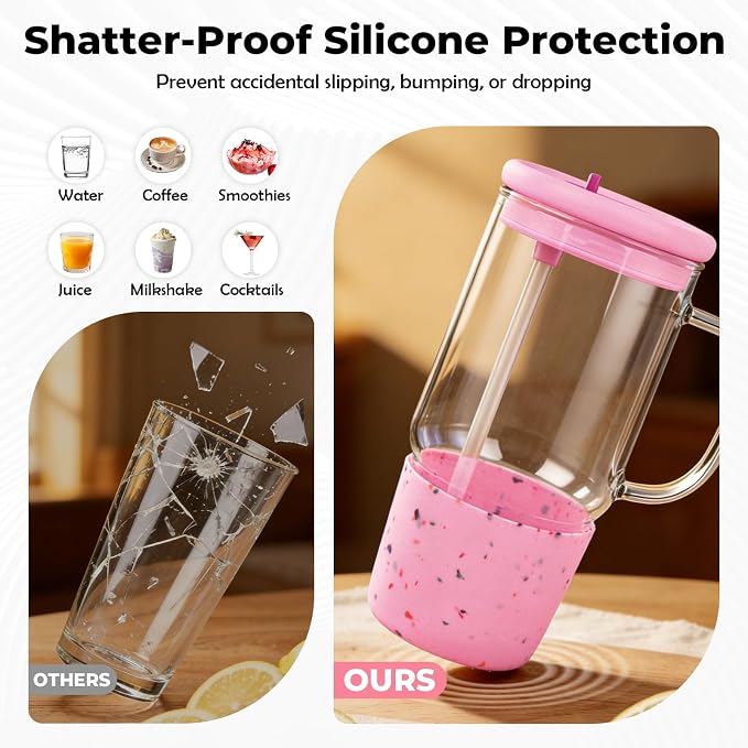 40oz Glass Tumbler with Flip Straw Lid, Handle, Silicone Sleeve, Pink | Leakproof Lid, Fits Car Cup Holder Glass for Iced Coffee, Water, Cold Drinks, Travel, Outdoor, Partys&Home