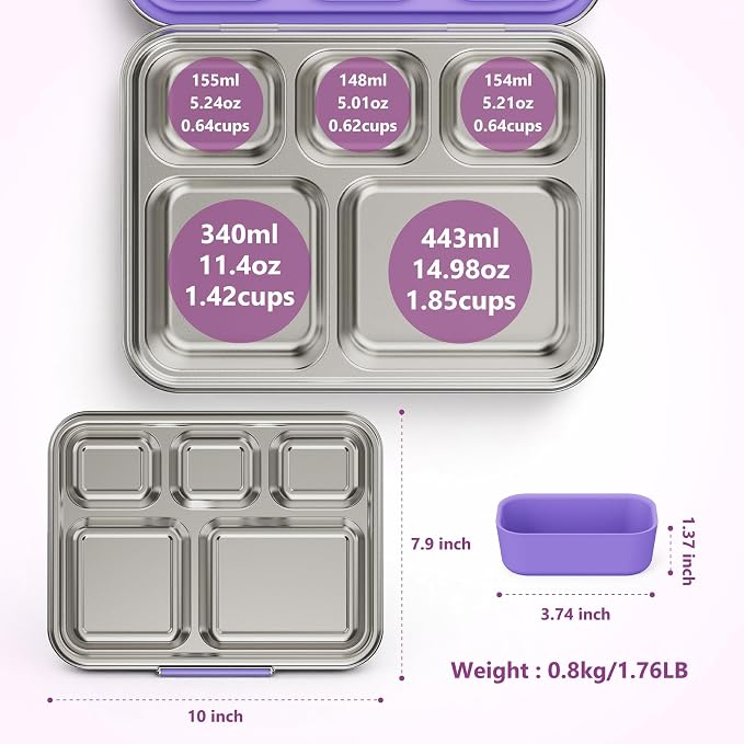 Pawtong Stainless Steel Lunch Box, 5-Compartment Bento Lunch Box for Kids & Adults,Metal Lunch Box with Removable Silicone Container, Lunch Box Containers for School,Office(Purple)