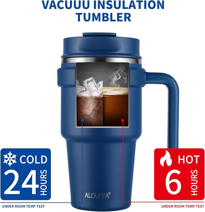 20 oz Insulated Travel Coffee Mug Tumbler with Handle and Straw | Leakproof Stainless Steel Coffee Cup with Lid, Double Wall Vacuum Ice Thermal Cup, Navy