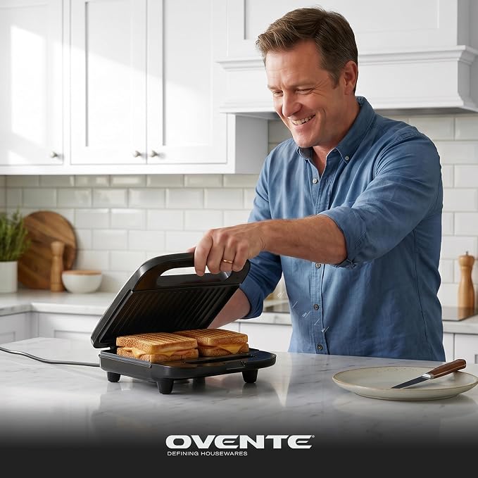 OVENTE Electric Sandwich Maker, 750W Non-Stick Plates, Black GP0401B | Perfect for Grilled Cheese, Tuna Melts, Omelets, French Toast, Breakfast Favorites, Light Meals, and Snacks