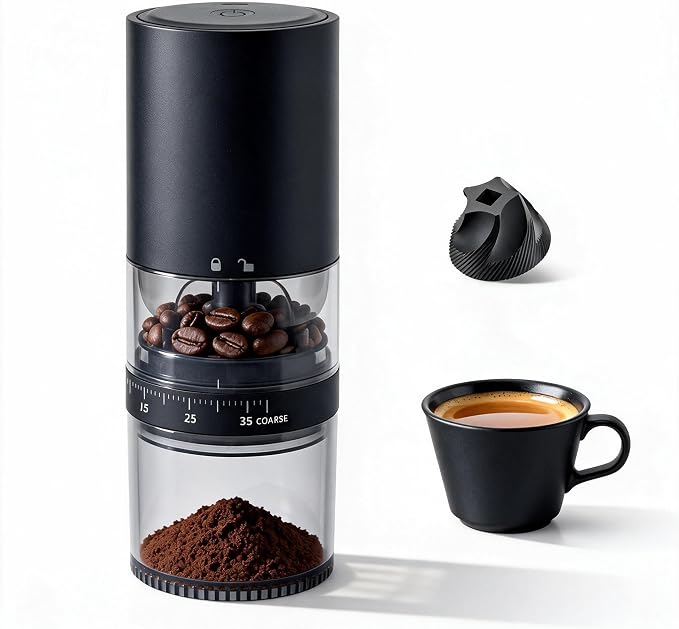 LAMIDO Portable Electric Burr Coffee Grinder - Grind While Charging - Visual Bean Hopper - 38 External Grind Settings - 1.8X Faster Grinding - 2000 mAh Battery for Travel, Camping (Matte Black, E97T)