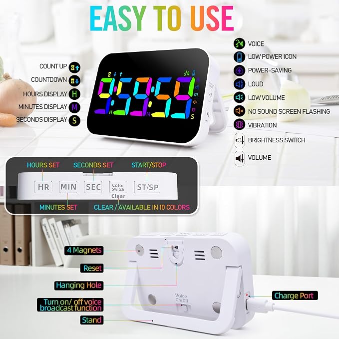 Kitchen Timer for Cooking, Rechargeable Digital Magnetic Timer with Large LED Display, Loud Alarm, Sound Countdown, 4 Volume Levels and 3 Brightness for Classroom, Study (RGB)