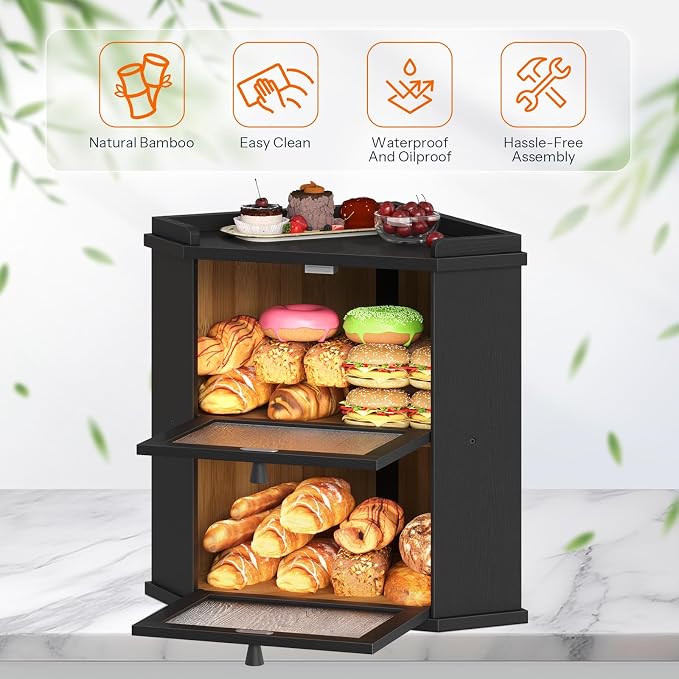 HOOBRO Bread Box, Corner Bread Box for Kitchen Countertop, 2-Tier Bamboo Bread Box, Food Storage Box, Bread Storage Container with Shelf, Bread Bin for Kitchen, Dining Room, Black BK19MB01