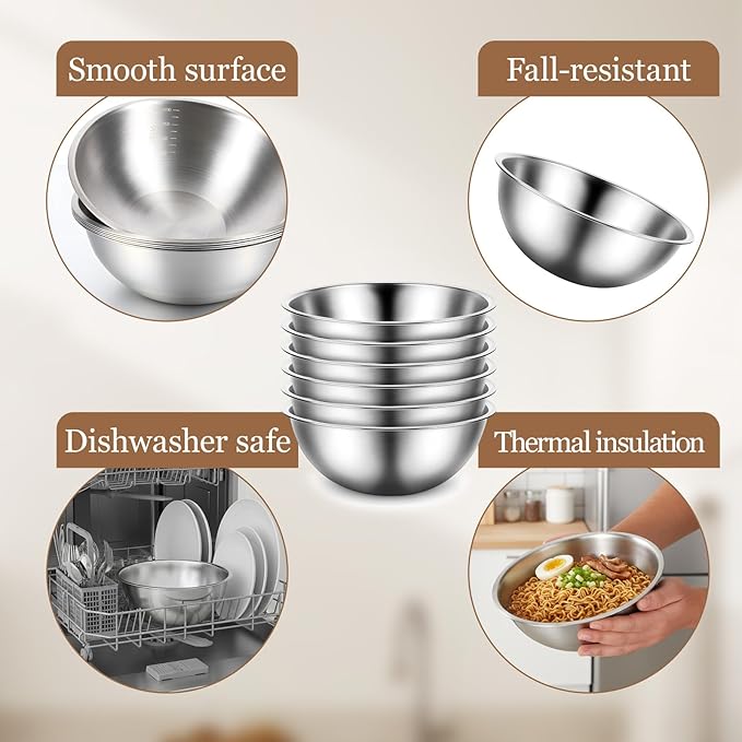 12 Pcs Stainless Steel Mixing Bowls with Graduations, Stainless Steel Bowls, Nesting Metal Prep Salad Bowl, Metal Serving Reusable Baking Food Storage Containers for Kitchen Cooking(9 x 3.5 Inch)