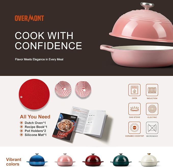 Overmont Enameled Cast Iron Dutch Oven, 6QT Bread Oven with Dome Lid Recipe | Tall Bread Pot with Potholders, for Sourdough Bread Baking Artisan Loaves, Crispy Crust & Better Oven Spring, 500°F Oven Safe