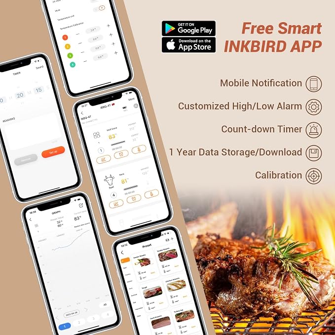 INKBIRD WiFi Meat Thermometer IBBQ-4T, Wireless BBQ Thermometer for Smoker | APP Calibration Temp Graph, Mobile Notification Timer Alarm Backlit, Rechargeable Digital Grill Thermometer, 4 Probes, Magnet