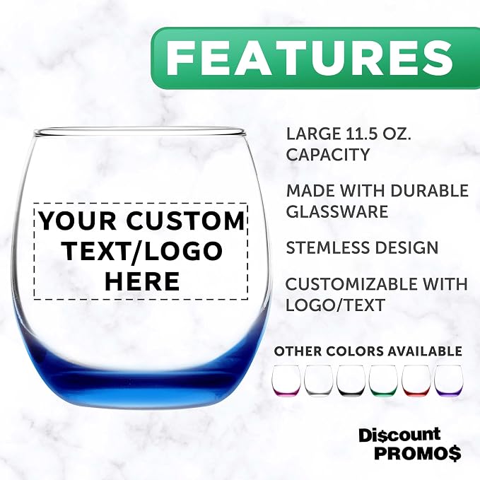 Custom Mikonos Stemless Wine Glasses 11.5 oz. Set of 10/50/100, Personalized Bulk Pack - Restaurant Glassware, Perfect for Red Wine, White Wine, Cocktails - Blue