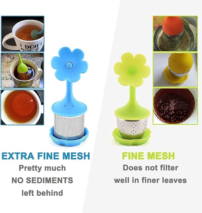 Flower D 4-Pack Silicone Tea Strainers - Extra Fine Mesh Infusers with Silicone Lid for Loose Leaf/Herbal Tea