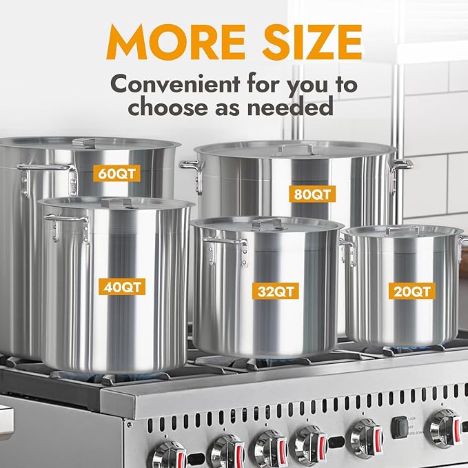 CURTA 80 Quart Aluminum Stock Pot with Lid, Heavy Duty Commercial Grade Large Capacity Cooking Pot for Boiling, Stewing, Great for Kitchen, Restaurant, Catering, and Home Use, NSF Certified