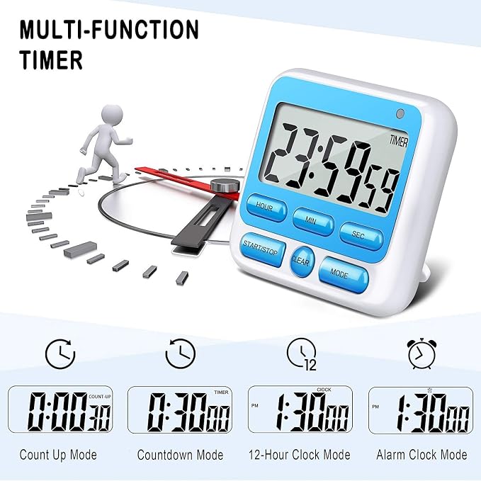 4-in-1 Digital Timer with Count Up/Down, Clock & Alarm, Ring & Silent Modes | Large 2.8-Inch easy-read LCD, On/Off switch, 24-Hour count up/down, Fast-forward function, Magnetic back, stand, hanging hole