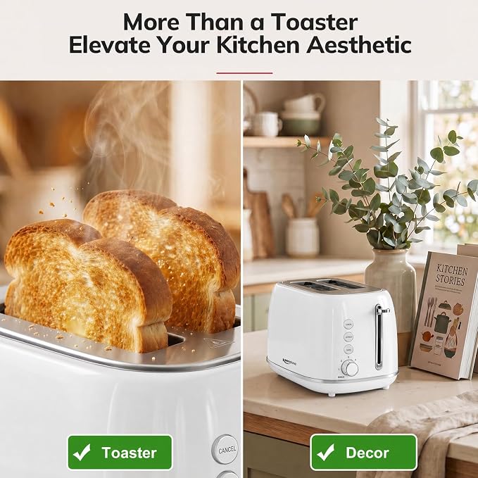 Keenstone 2 Slice Toaster, Retro Stainless Steel Kitchen Essentials, White | Retro Kitchen Decor, 18/8 Food-Grade Steel, 1.5” Slots & 6 Browning Levels, Bagel/ Defrost/ Reheat, Removable Crumb Tray