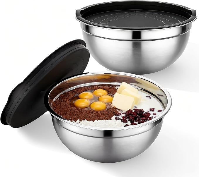 Beasea Mixing Bowls with Lids, 2 Pack 4 QT Stackable Stainless Steel Mixing Bowls Set with Lids, Metal Nesting Bowl for Kitchen, Baking, Food Prepping and Serving