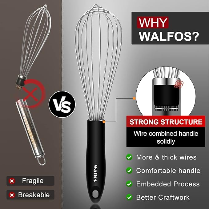 Stainless Steel Wire Whisk Set - 3 Packs Balloon Whisk, Thick Wire Wisk ＆ Strong Handles, Egg Frother for Cooking, Blending, Whisking, Beating and Stirring (7"+9"+11")