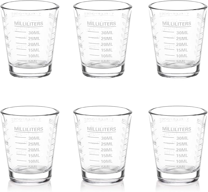 SAIAOKJ Shot Glass Measuring Cup Set, 6 Pack Espresso Shot Glasses (White) | Glass measuring cups feature 26 markings up to 1 OZ, 2 TBS, 6 TSP, 30 ML for espresso, liquor, medicine and recipes