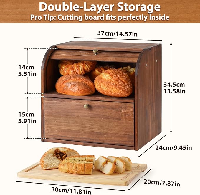 Sunhoo Wooden Bread Box for Kitchen Countertop, Roll Top Breadbox, Brown | Large Double Layer Pantry Container, Solid Wood with Cutting Board, Fresh Homemade Sourdough Bin Cabinet, Vintage Farmhouse