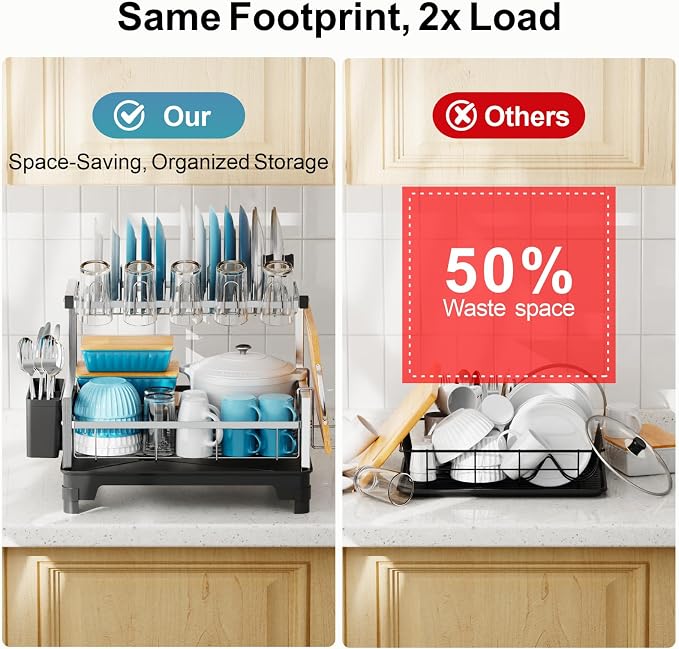Stainless Steel Dish Drying Rack 2 Tier, Compact Dish Racks for Kitchen Counter with Cutting Board Holder, Auto-Drain Spout, Rust Proof Dish Drainer for Apartment, 21" L x 12.6" W, Silver