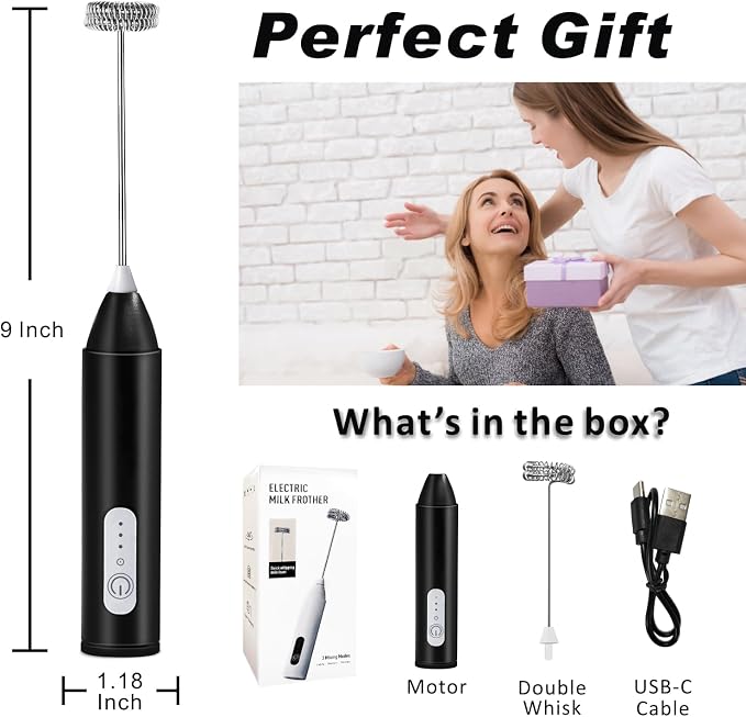 Rechargeable Milk Frother Wand Handheld, Coffee Foam Maker,Mini Drink Mixer | Dual Stainless Steel Whisk, 3 Speeds, USB-C Battery Portable Protein Blender, Small Electric Stirrer for Mathca, Cappuccino