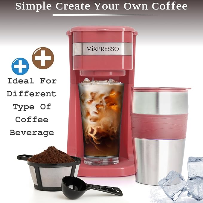 Mixpresso Single Serve & Single Cup Coffee Maker with 14oz Travel Mug Red | For ground coffee only, reusable filter, auto shut off. Compact personal drip coffee maker, not compatible with K-Cup pods.