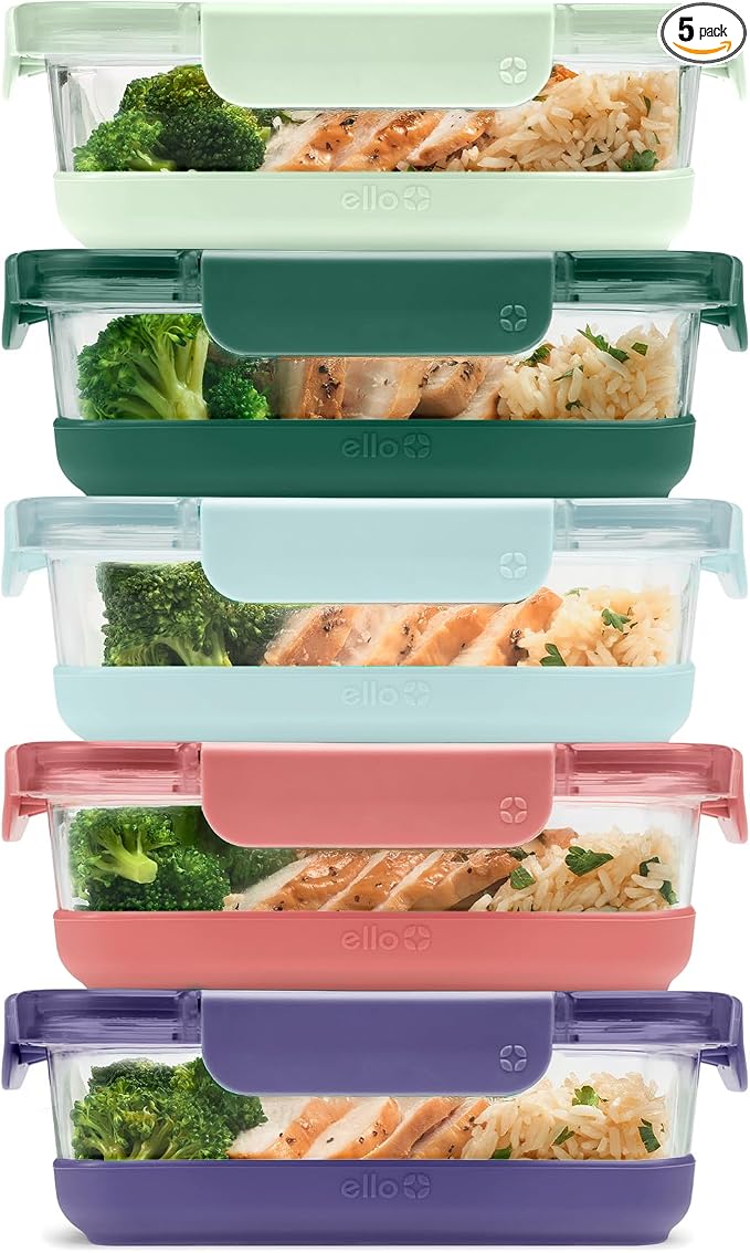Ello Duraglass Refresh 3.4 Cup Meal Prep Containers, 10 Pc, Everest | Glass meal prep container set with silicone boots, airtight leakproof BPA-free lids, microwave, freezer & dishwasher safe