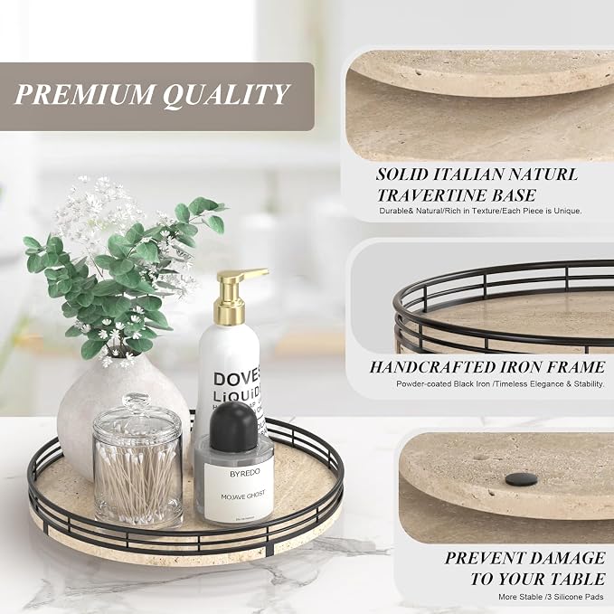AMH 10-Inch Italian Travertine Lazy Susan with Black Metal Frame | Smooth rotating oak tray with walnut finish for dining tables, kitchen counters, pantries and cabinet storage.