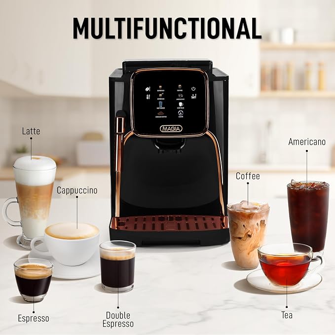 Zulay Kitchen Magia Clasica Automatic Espresso Machine with Built-In Grinder, Touch Panel Coffee Maker, Steam Wand Milk Frother, Adjustable Strength, Self-Cleaning, Black & Copper (13" x 17.7" x 9.4")
