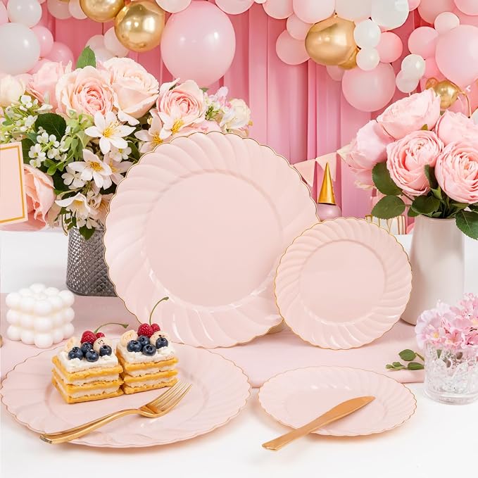 YOUBET 125PCS Pink Plastic Plates with Gold Rim for Wedding Birthday Party | Scalloped Plastic Plates Set Includes 25 Dinner Plate, 25 Dessert Plate, 75 Gold Silverware for 25 Guests Baby Shower