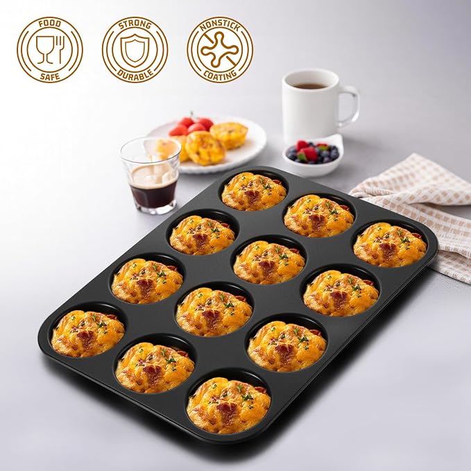 E-far 12-Cavity Muffin Top Pan, 3 Inch Nonstick Shallow Cupcake Pan for Yorkshire Pudding, Eggs, Whoopie Pie, Cornbread, Easy Release & Clean, Standard Size, 2 Pack