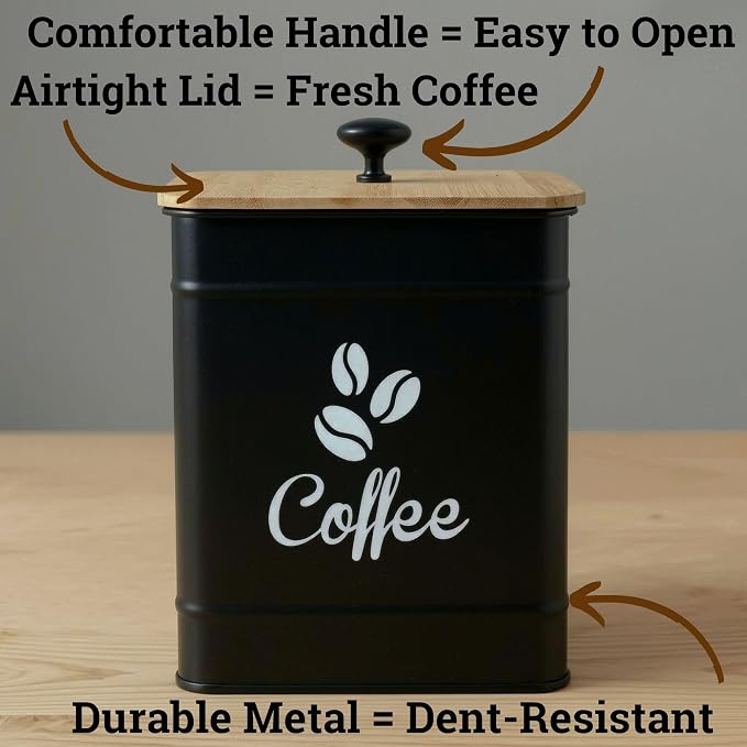 Airtight Coffee Canister 40 oz, 6"x 8" Metal Jar w/ Rubber-Lined Bamboo Lid | 40oz Large Iron, Airtight Coffee Container, Bamboo Lid, Stylish Countertop Container for Coffee Grounds, Beans, Pods & More