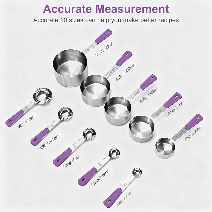 Bopei Measuring Cups and Spoons Set Stainless Steel 10 Piece for Cooking and Baking (5 Cups + 5 Spoons, Purple Handle)
