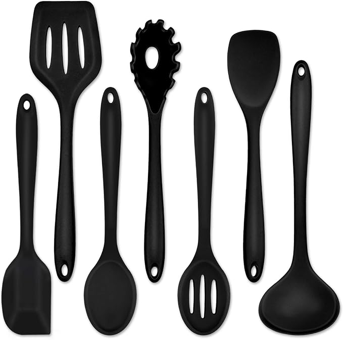 P&P CHEF Black Kitchen Utensils, Silicone Cooking Utensil Set of 7 | Soft Spatula for Nonstick Cookware, Slotted Turner, Soup Ladle, Pasta Server, Spoon for Cooking, Dishwasher Safe & Heat Proof