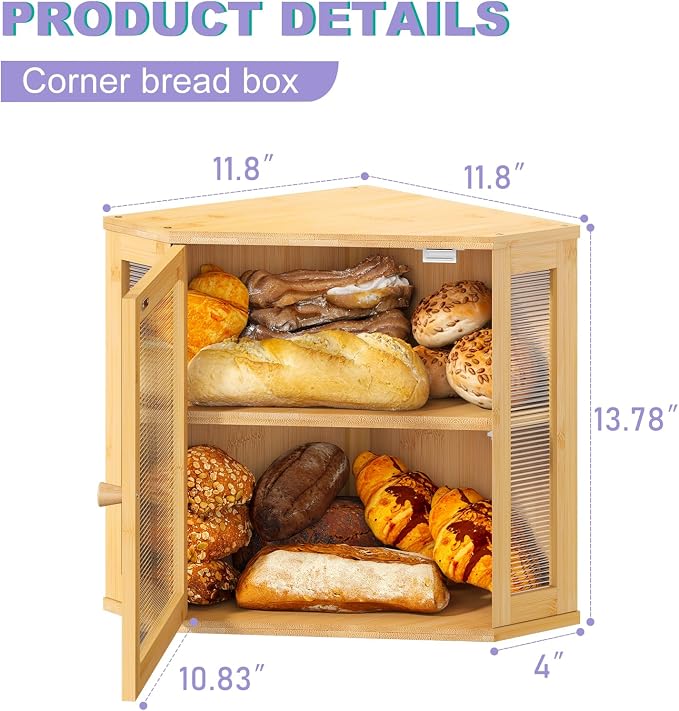 Corner Bread box for Kitchen Countertop,Farmhouse Bread Box with Acrylic Wavy Door Panel,Large Bread box for kitchen countertop,Kitchen Countertop Food Storage Container (Natural, Meduim)