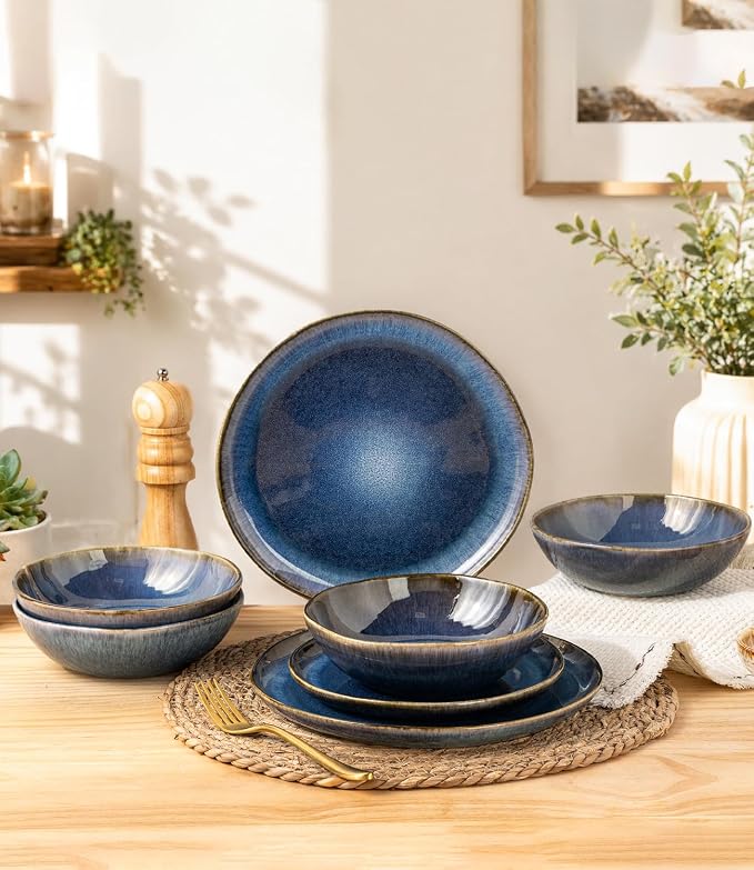 AmorArc Ceramic Dinnerware Sets for 6, 18Pcs Plates and Bowls Sets Dishes | Stoneware Handmade Reactive Glaze Dinner Set, Highly Scratch Resistant | Dishwasher & Microwave Safe Dishware