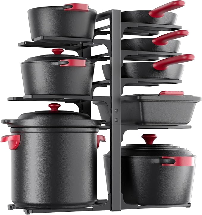 MUDEELA 8-Tier Heavy-duty pan organizers inside cabinet, 20.8" H Black | Adjustable 20.8" Height, Heavy-duty pot rack, Holds big stockpots, cookware & skillets, Fits countertops, Kitchen storage
