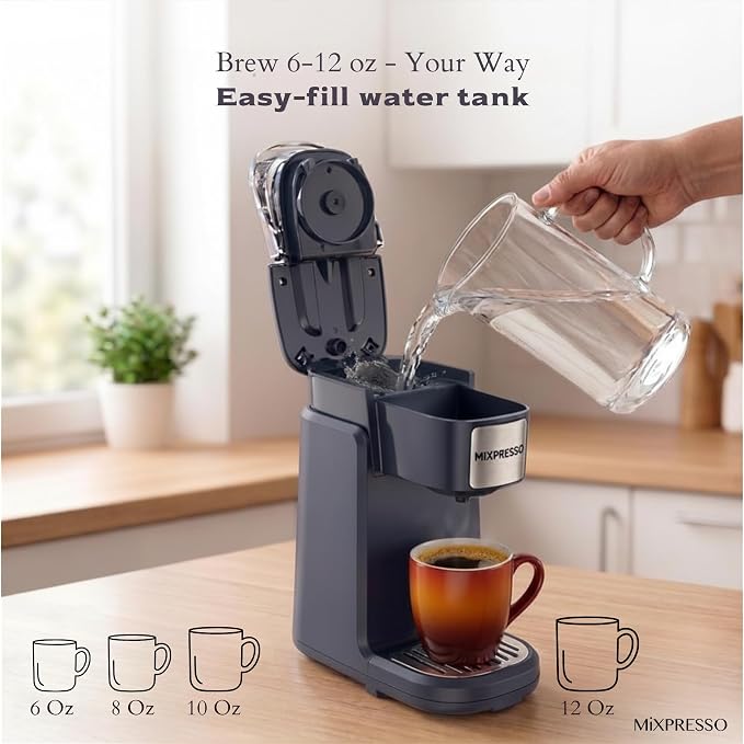 Mixpresso Single Serve Coffee Maker K Cup Coffee Maker for K Pods & Grounds | Compact 800W Gray Coffee Machine with 12 Oz Water Tank, Fast Brew & Auto Shut-Off, Small Design for Travel, Office, RV & Dorm