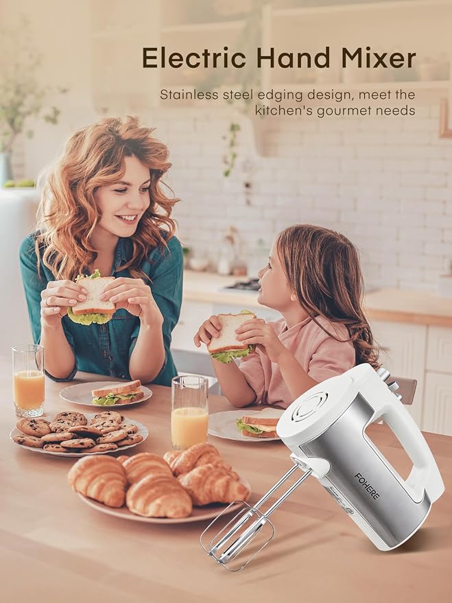 Hand Mixer Electric Handheld, 6 Speed & Turbo Electric Mixer, 300W Handheld Mixer with 2 Stainless Steel Whisk and 2 Dough Hook for Whipping, Mixing Cookies, Brownie, Cakes, Dough Batters, White