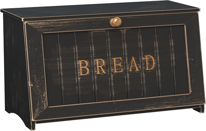 Vintage Bread Box for Kitchen Countertop, Retro Design Bread Storage Container, Farmhouse Wooden Counter Breadbox, Small Bamboo Bread Bin Holder for Homemade Bread, Black