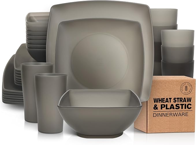 Teivio 32-piece Plastic Wheat Straw Square Dinnerware Set for 8, Unbreakable Dinner Plates, Salad Plates, Snack Bowls, Tumblers 13.5 oz, Dishwasher Safe, Clear Black