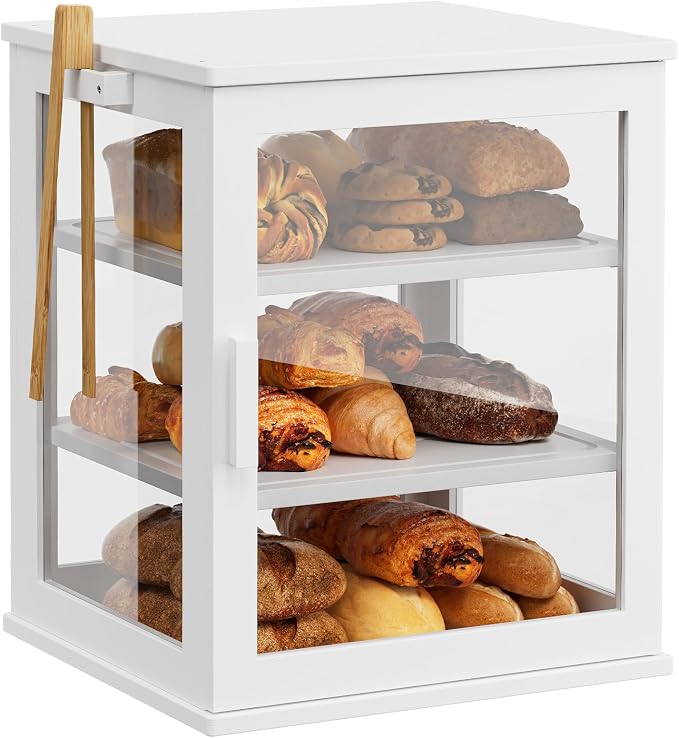 WOWLIVE Bread Box for Kitchen Countertop, 3 Layers Bread Storage Container | Large Bamboo Bread Bin for Homemade Bread with Window, Farmhouse Breadbox Organizer for Kitchen, Cabinet, White, Extra Large