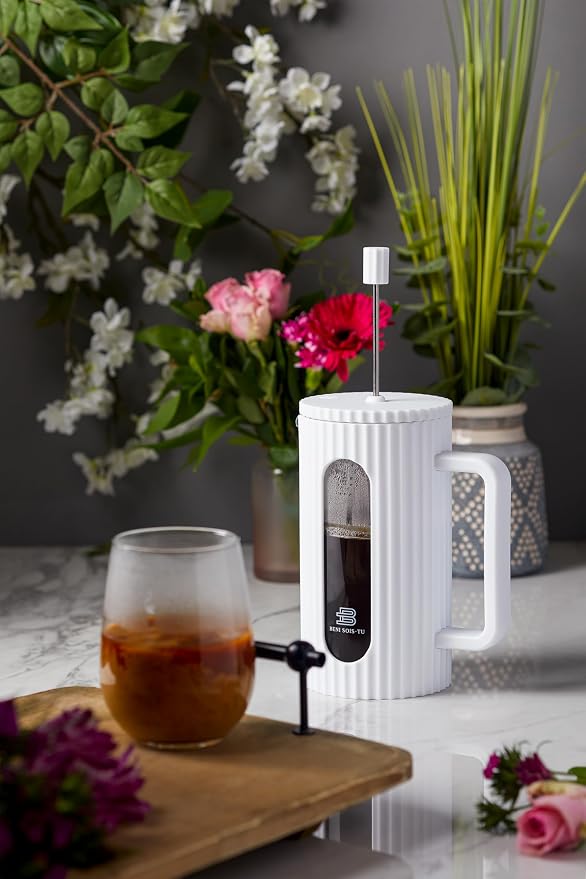 French Press Coffee Maker, 34 oz, Heat Resistant, Borosilicate Glass, 4-level Filtration (white)
