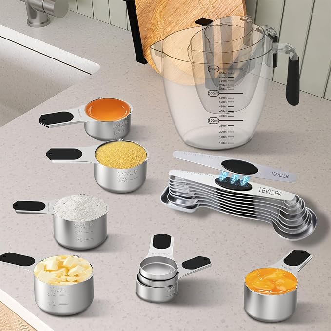 Measuring cups and spoons set,Magnetic Measuring 5 Cups 7 Spoons & 1 Leveler, 3 Plastic Measuring Cup with 1 Measuring Conversion Chart, Metal Stainless Steel for Baking & Cooking