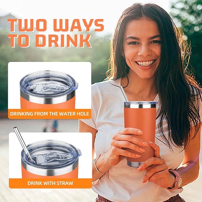 20 oz Tumbler with Lids and Straws, Stainless Steel Insulated Travel Coffee Mug, Double Wall Vacuum Insulated Tumblers, Powder Coated Coffee Tumbler for Cold & Hot Drinks (Orange)